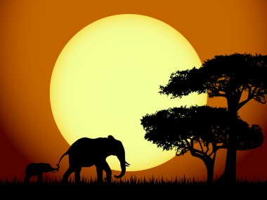 Elephants at sunset clipart