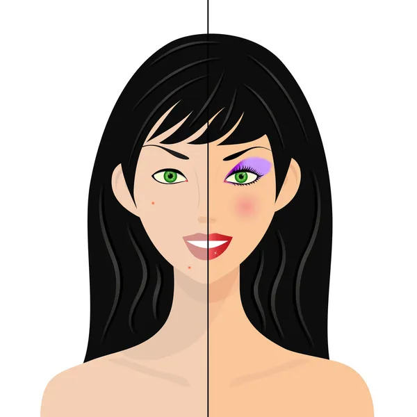 Portrét ženy, zpola přirozený, zpola nalíčený a retušovaný — Stockový vektor