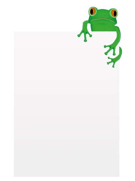 Rana árbol verde sentada sobre papel en blanco — Vector de stock
