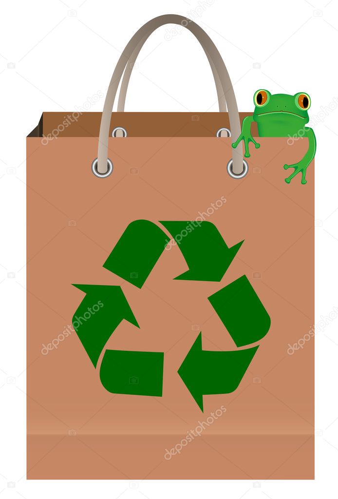 Green tree frog sitting on paper bag with recycle symbol