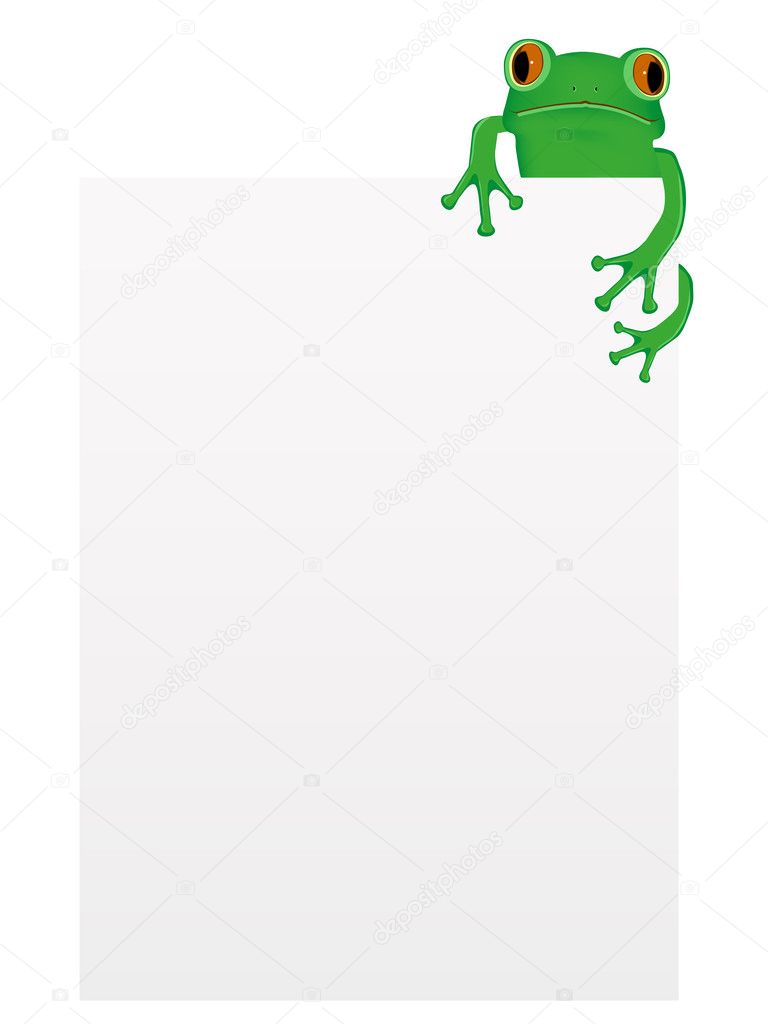 Green tree frog sitting on blank paper
