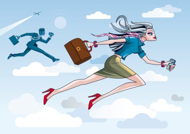 Businesswoman Running Through Clouds clipart