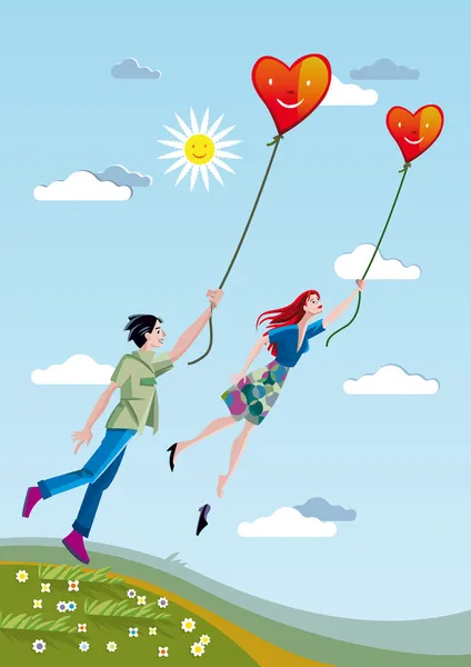 Homme et femme volant avec les coeurs — Image vectorielle
