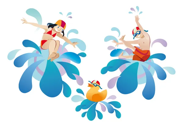 Маленькая девочка и мальчик прыгают в бассейн — стоковый вектор