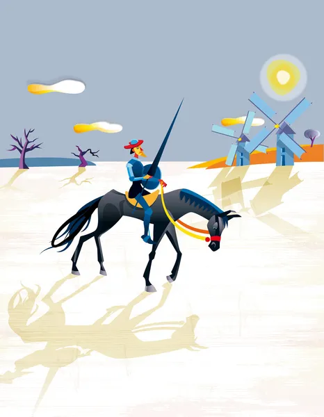 Don Quijote і вітряні млини — стоковий вектор