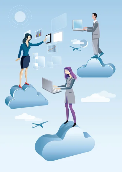 Cloud computing twee vrouwen en een mannen — Stockvector