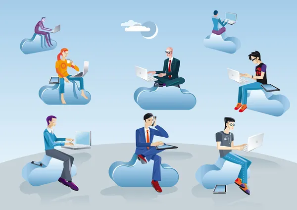 Cloud computing mężczyzn siedzących w chmury — Wektor stockowy