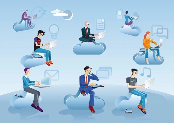 Cloud Computing Hombres sentados en nubes con iconos — Vector de stock