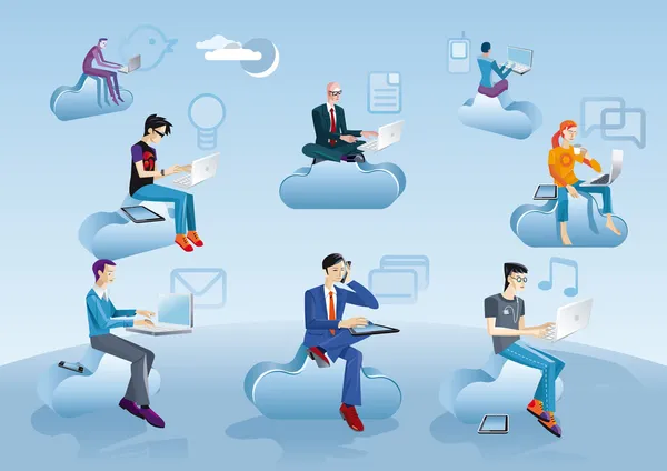 Cloud computing män sitter i moln med ikoner — Stock vektor