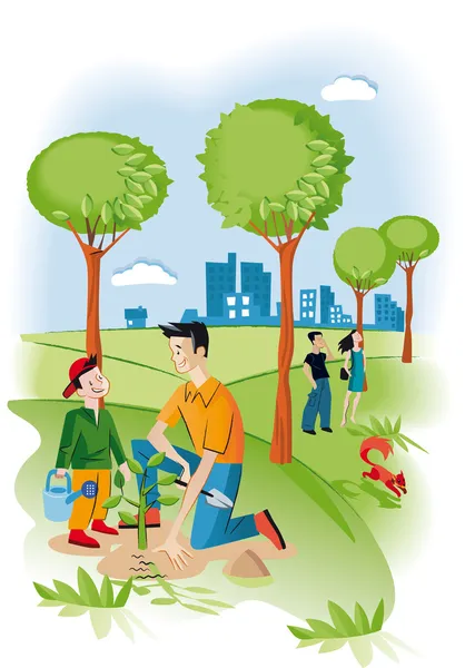 Child With His Father Planting A Seedling — Stock Vector
