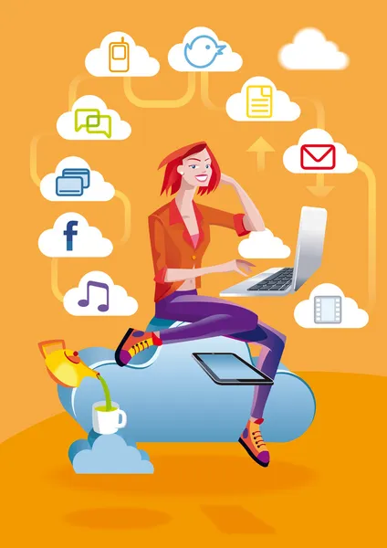 Cloud Computing Woman With Laptop — Stock Vector