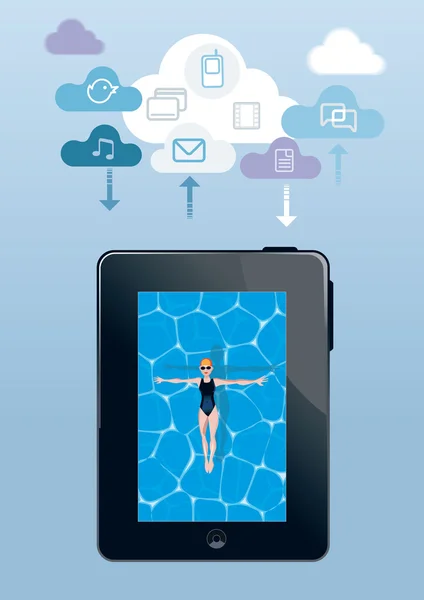 Dijital tablet yüzme havuzunda yüzen kız — Stok Vektör