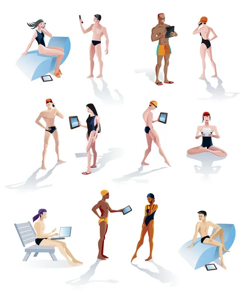 Dodici nuotatori con tablet e smartphone digitali — Vettoriale Stock
