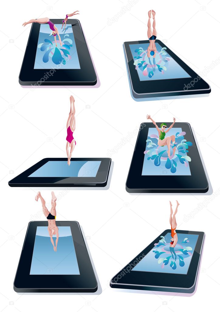 Men And Woman Diving Into Digital Tablet