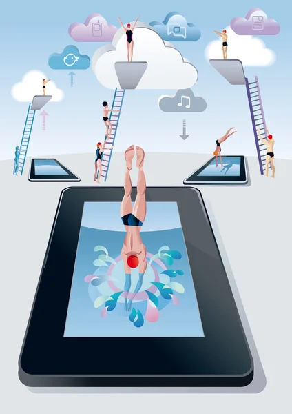 Trampolim mergulho homem digital tablet —  Vetores de Stock
