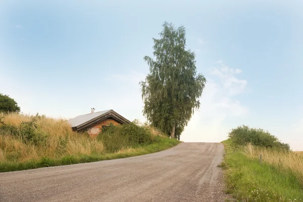 Straße mit kleiner Hütte und Baum — Stockfoto