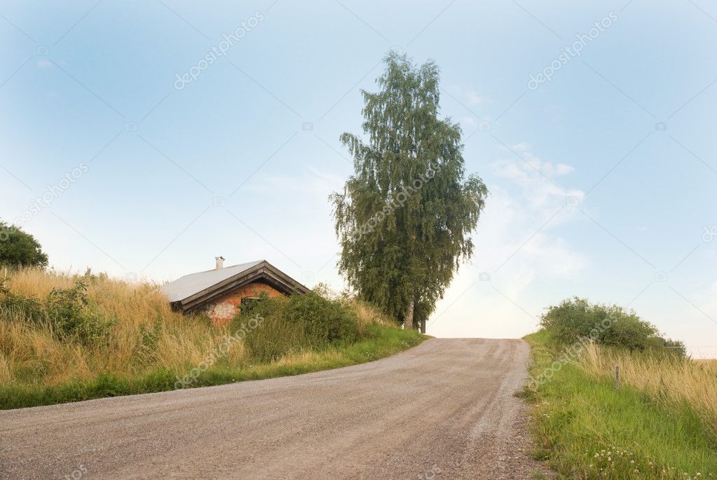 Road with small hut and tree