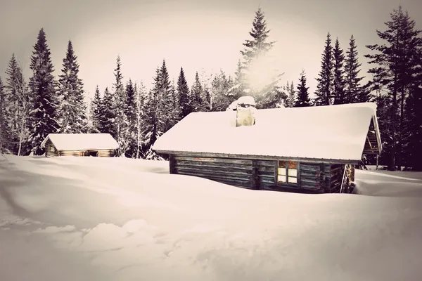 Vintage log cabin in snow — Stock Photo, Image