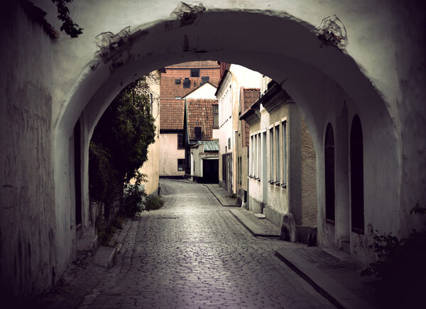 Narrow street in the medieval town of Visby on the island of Gotland, Sweden
