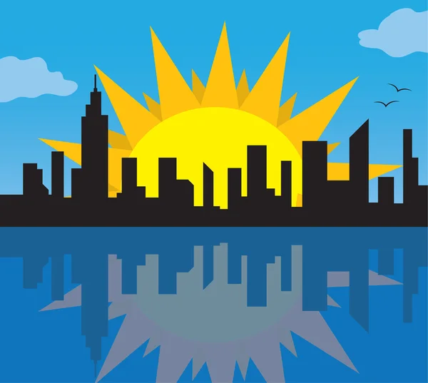 Şehir manzarası ile güneş — Stok Vektör