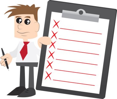 Businessman holding Clipboard with X Marks clipart