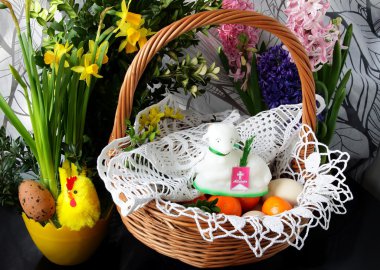 Traditional easter basket with blessed food and lamb clipart