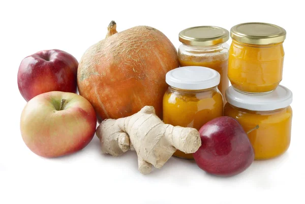 stock image Pumpkin,apples,ginger and jams as preserves