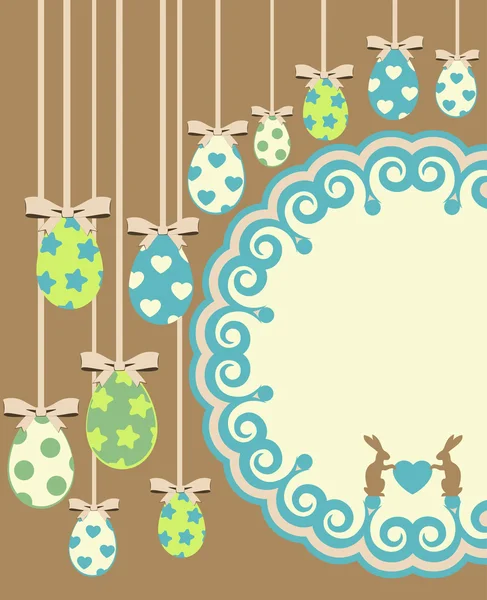 Hermosa tarjeta de Pascua con conejito y huevos sobre fondo de encaje —  Fotos de Stock