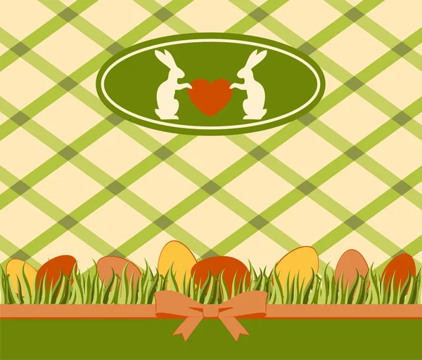 Bella carta pasquale con coniglietto e uova su sfondo pizzo — Foto Stock