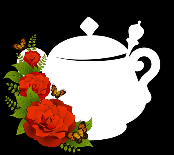 Vintage kerámia teáskanna, gyönyörű virágok és pillangók — Stock Fotó