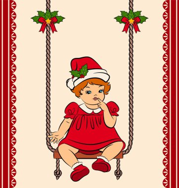 Cartoon little girl in suit Snow Maiden on the swings