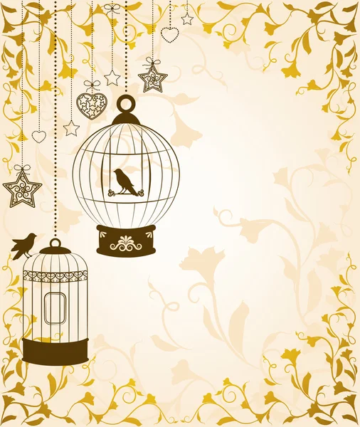 Вінтажний фон з декоративними пташиними клітками і птахами — стокове фото