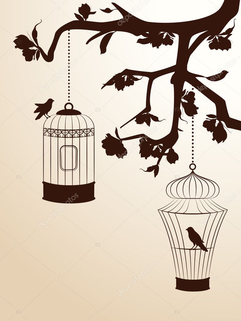 Vintage background with birdcages and birds