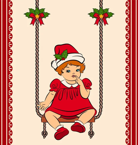 Cartoon little girl in suit Snow Maiden on the swings. Vector — Stock Vector