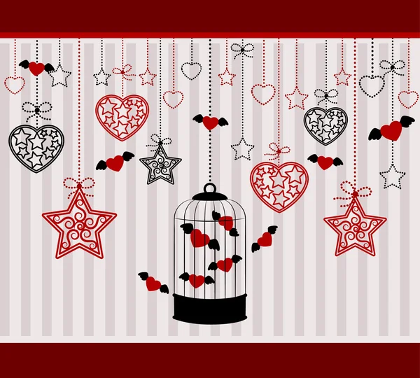 Vintage background with ornamental birdcages and red hearts — Stock Photo, Image