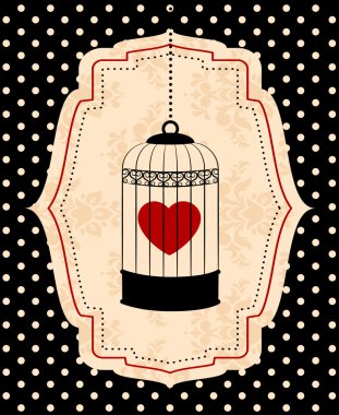 Vintage background with ornamental birdcages and red heart clipart