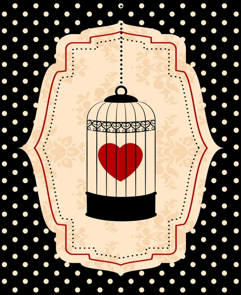 Vintage background with ornamental birdcages and red heart — Stock Vector