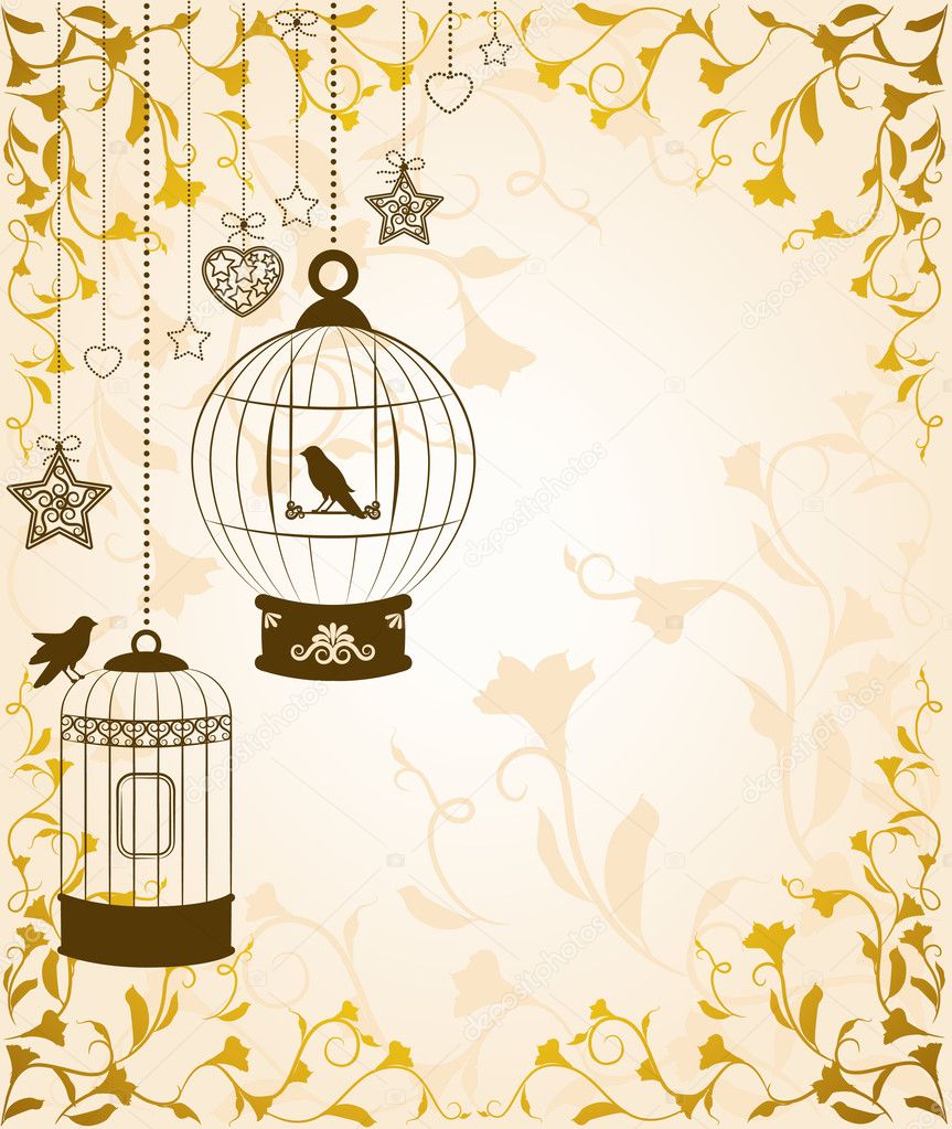 Vintage background with ornamental birdcages and birds
