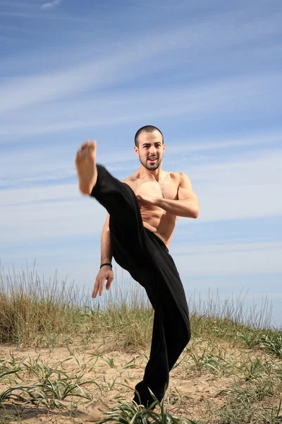Fiatal férfi harci gyakorolja szabadtéri — Stock Fotó