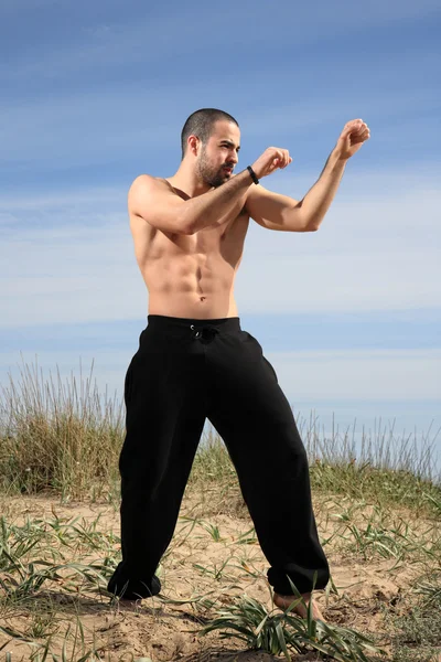 Fiatal férfi harci gyakorolja szabadtéri — Stock Fotó