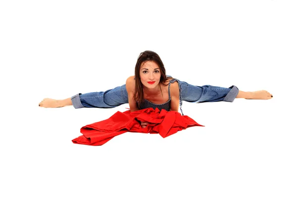 Chica con abrigo rojo en el suelo — Foto de Stock