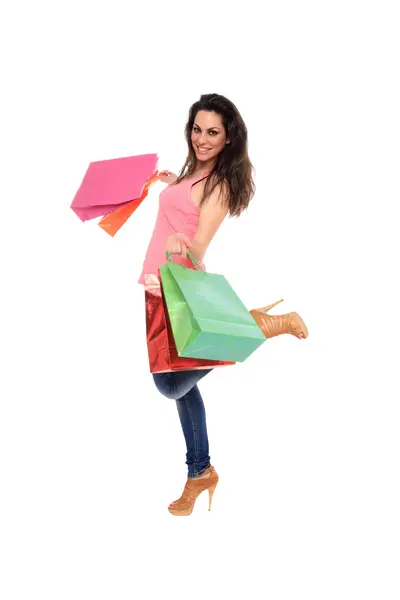 Retrato de menina com sacos de compras — Fotografia de Stock