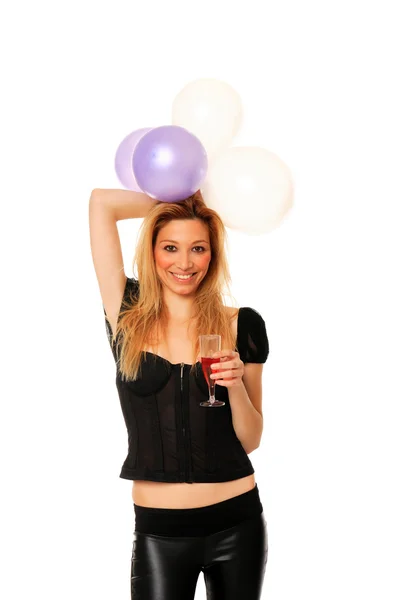 Krásná dívka s balónky a champagne — Stock fotografie