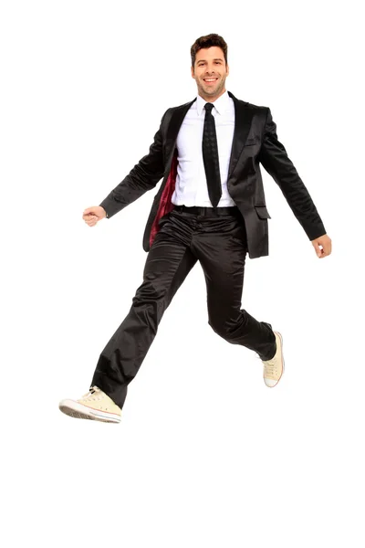 Handsome jumping man on suit — Stock Photo, Image
