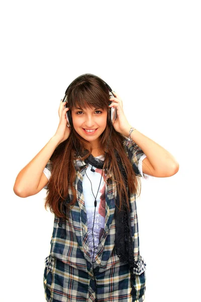 Menina feliz com fones de ouvido — Fotografia de Stock