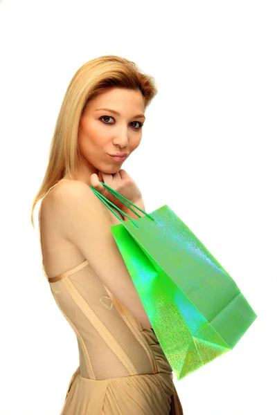 Szczęśliwy, piękna dziewczyna z torbą na zakupy — Zdjęcie stockowe