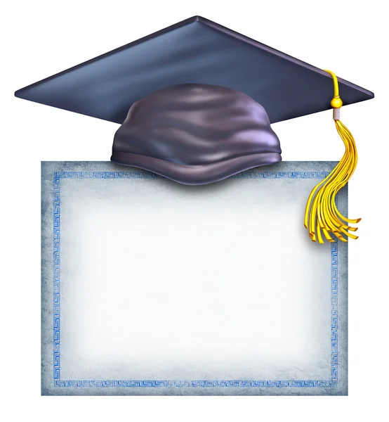 Sombrero de graduación con un diploma en blanco — Foto de Stock