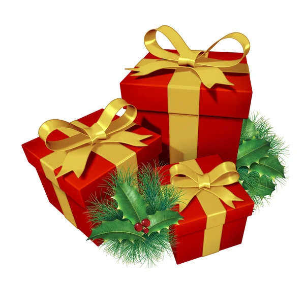 Vánoční dárky s holly borovice — Stock fotografie