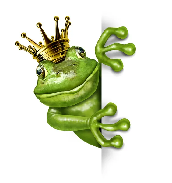Prince grenouille avec couronne d'or tenant un panneau vertical vide — Photo