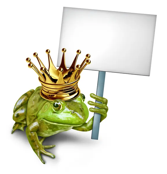 Žabí princ drží prázdný znak — Stock fotografie